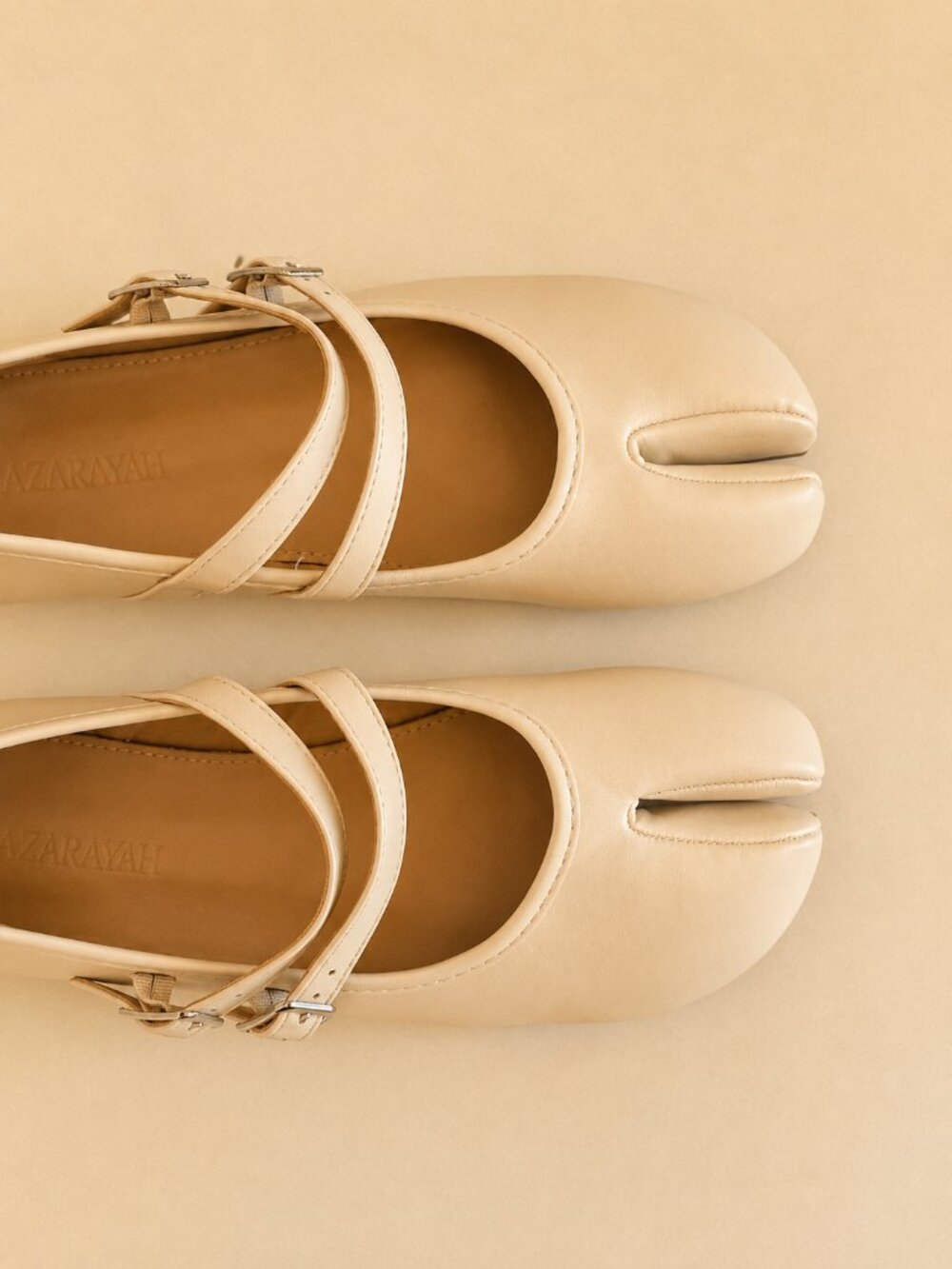 Tabi Split Tow Cream Split-Toe Mary Jane Flats with Double Buckle - Picture 5 of 6